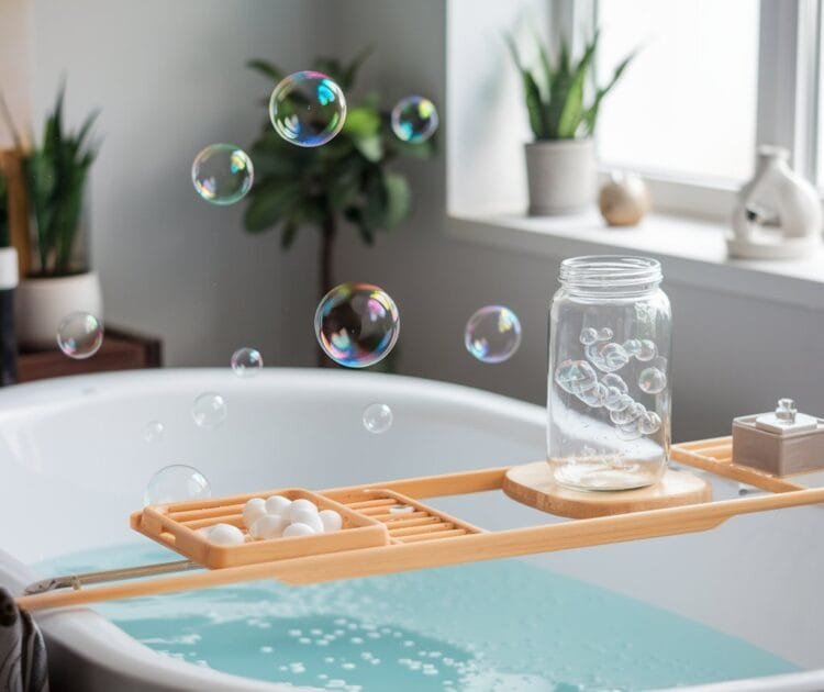 serene scene of a bath tub filled with bubbles and bubble bath