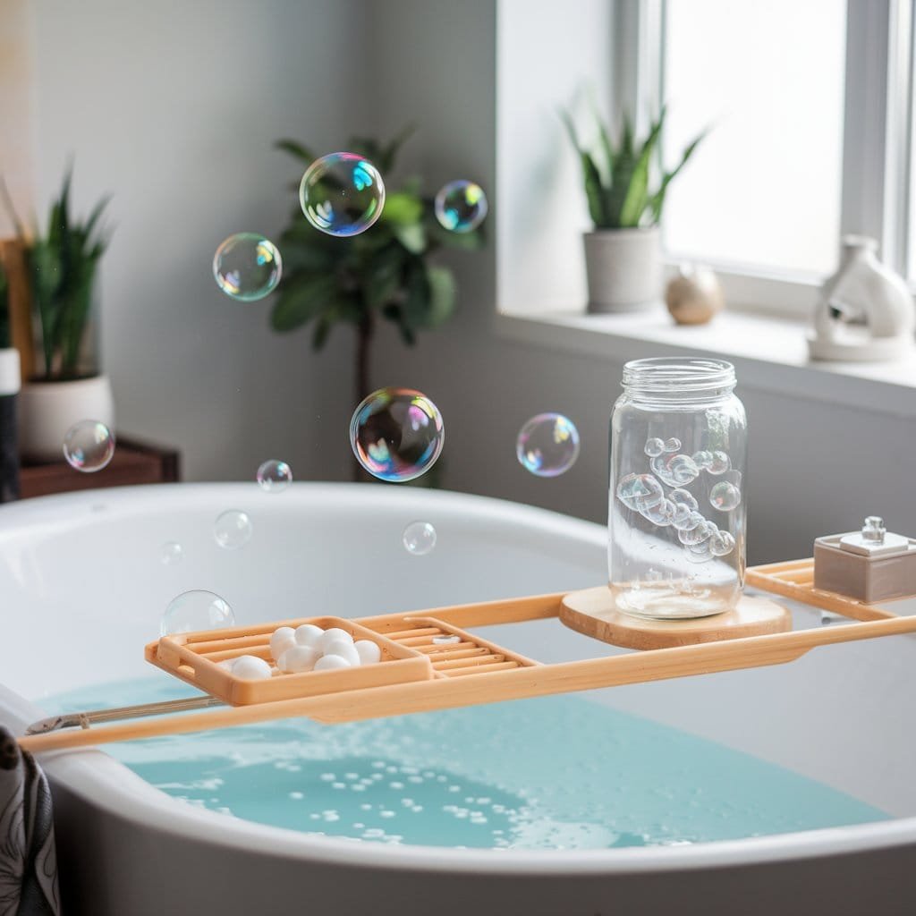 serene scene of a bath tub filled with bubbles and bubble bath