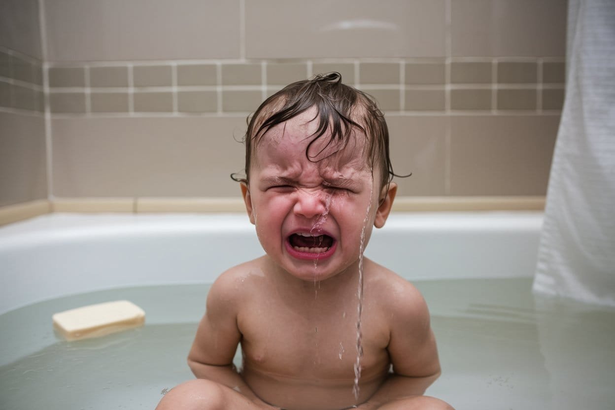 an image of a kid crying in a bath tub with no bubbles and bland soap