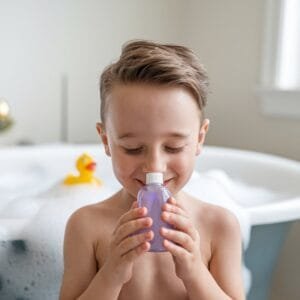child smelling bath products