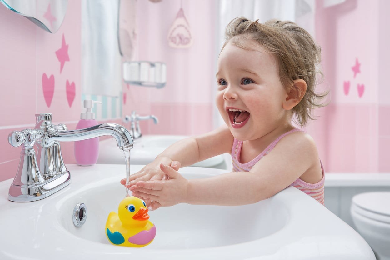 image of a child laughing and having fun while washing their hands